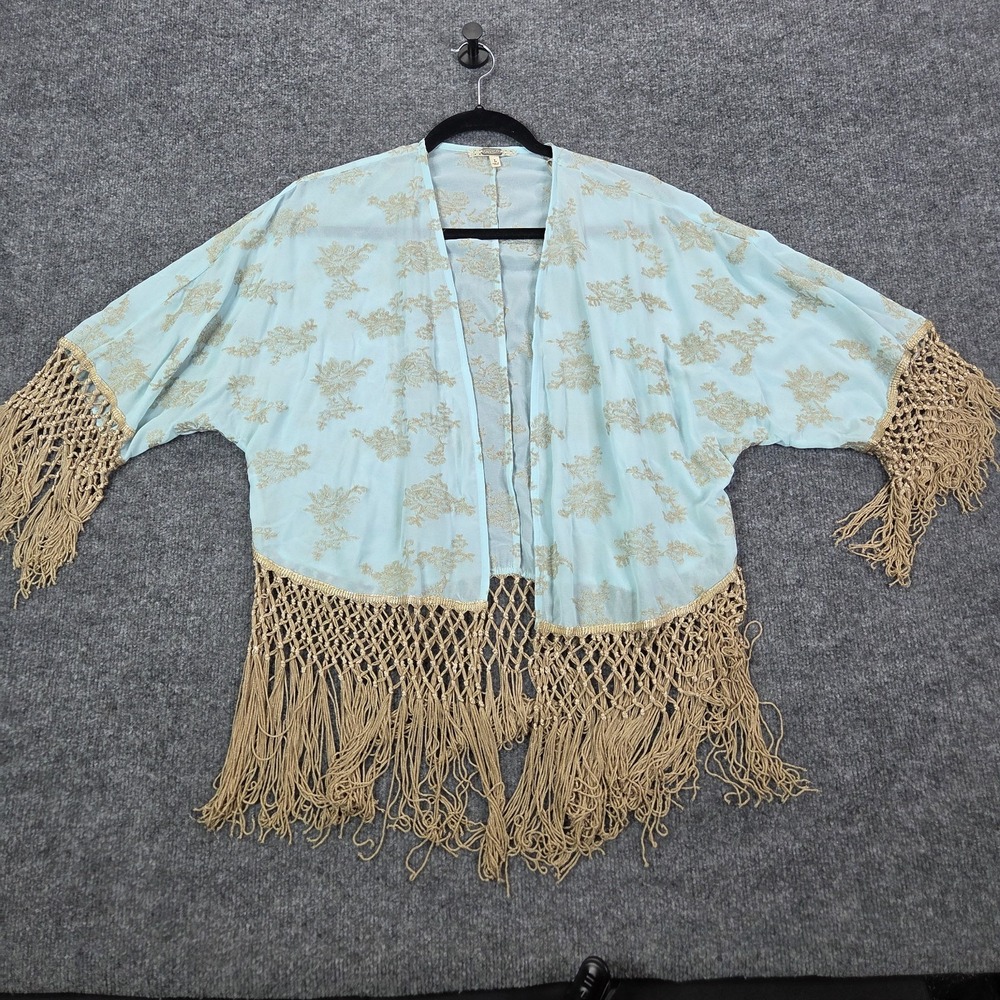 Gimmicks by BKE Top Womens Large Floral Open Front Kimono Fringe Boho Hippie